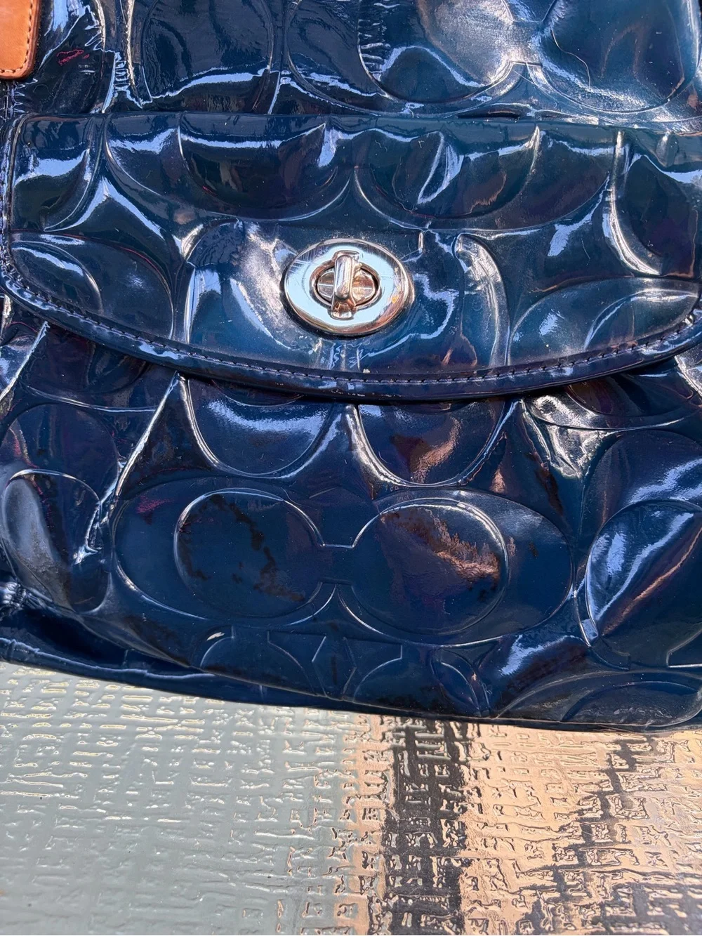 Coach Navy Patent Shoulder Bag with Tan Straps